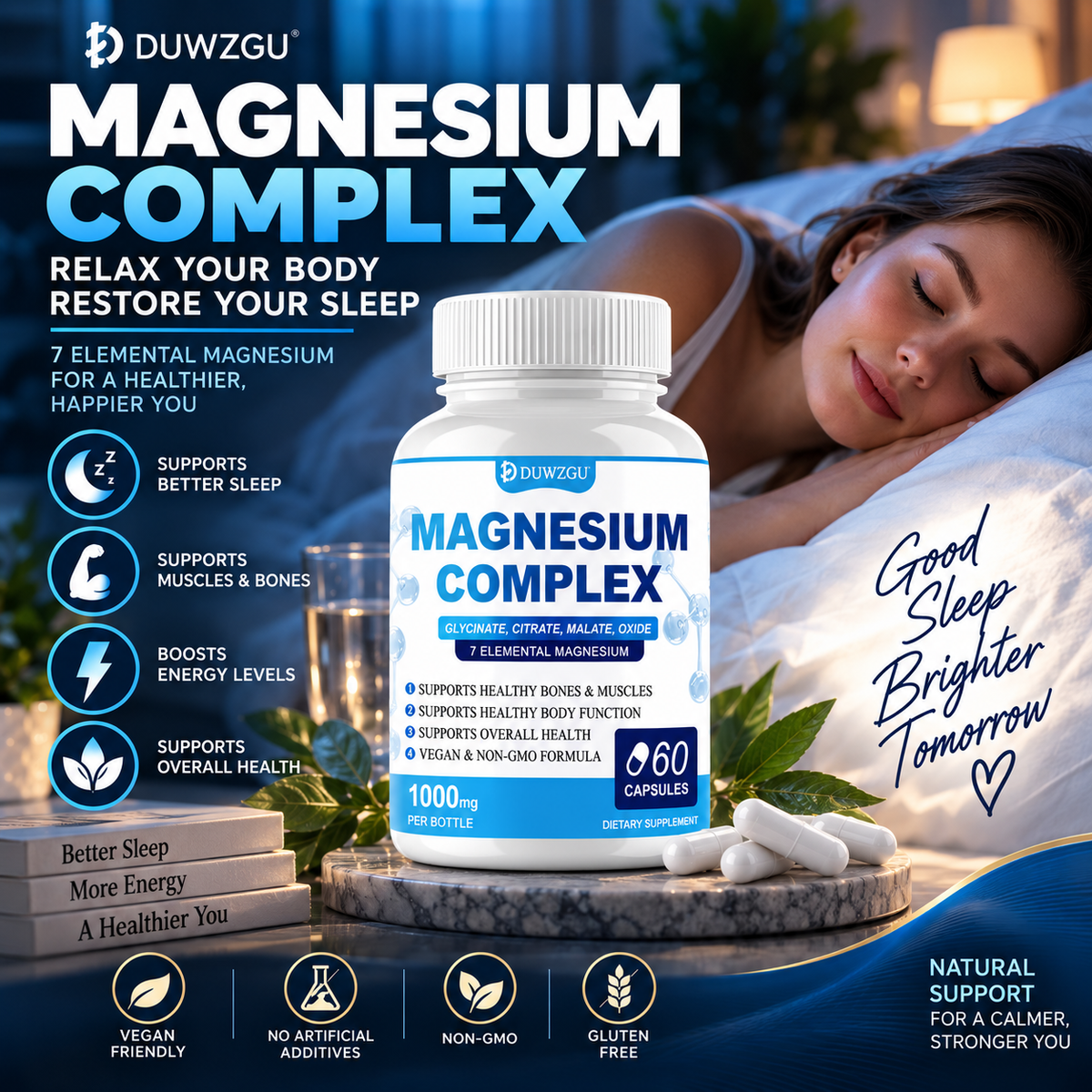 Magnesium Complex Supplement With Glycinate Citrate, Malate Oxide, Supports Bone, Muscle Digestive Health, Vegan Non-GMO, 60 Capsules
