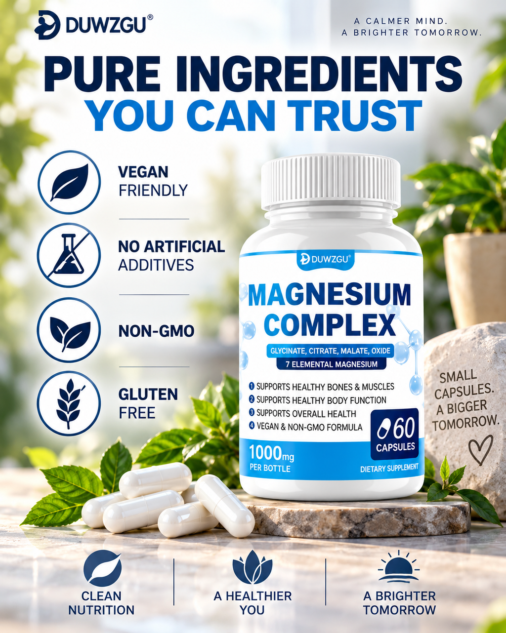 Magnesium Complex Supplement With Glycinate Citrate, Malate Oxide, Supports Bone, Muscle Digestive Health, Vegan Non-GMO, 60 Capsules