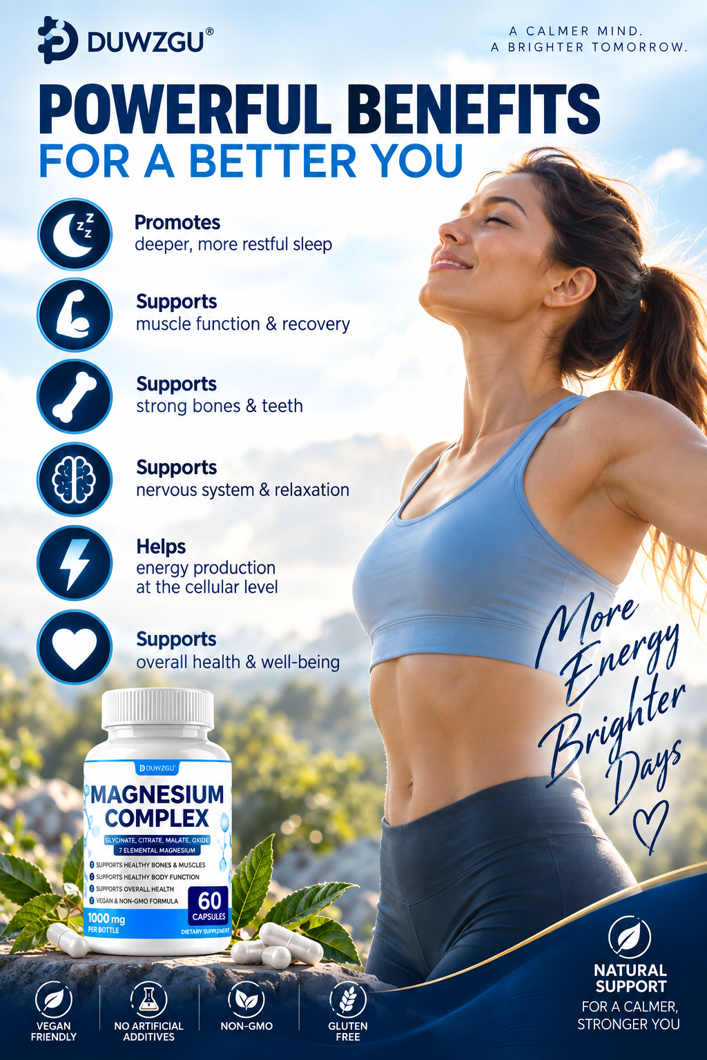 Magnesium Complex Supplement With Glycinate Citrate, Malate Oxide, Supports Bone, Muscle Digestive Health, Vegan Non-GMO, 60 Capsules