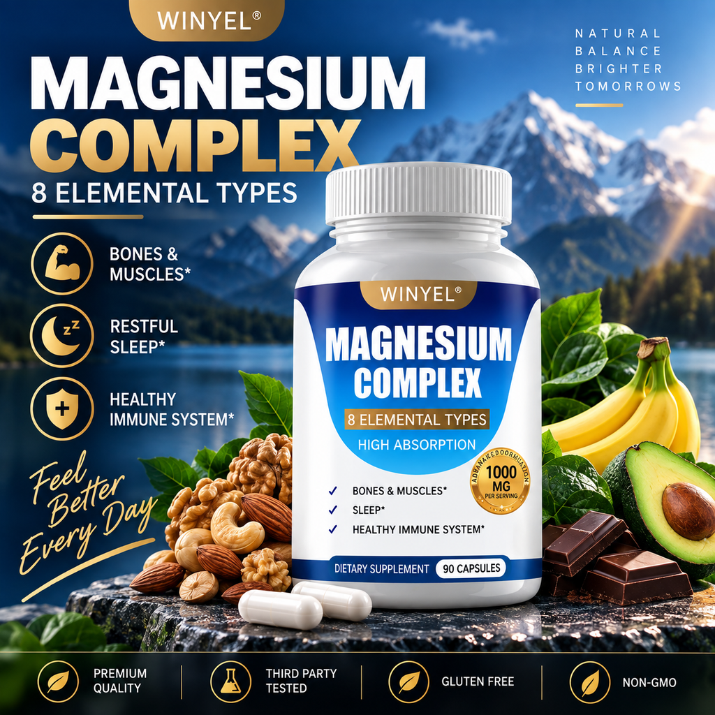 MAGNESIUM COMPLEX Wellness Capsules With Malate & Glycinate And 8 ELEMENTAL MAGNESIUM, Supports Health 90 Capsules, Dietary Supplement.