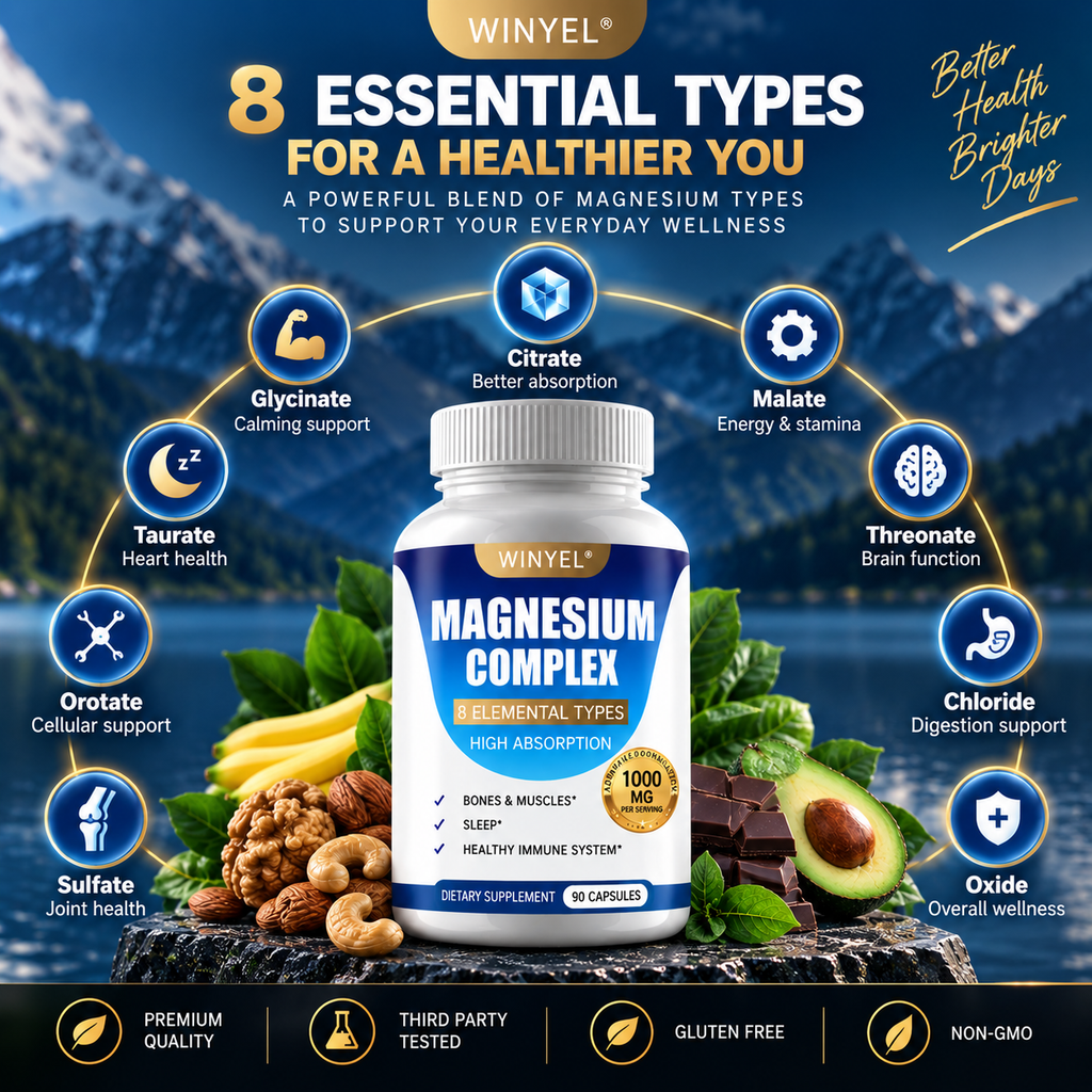 MAGNESIUM COMPLEX Wellness Capsules With Malate & Glycinate And 8 ELEMENTAL MAGNESIUM, Supports Health 90 Capsules, Dietary Supplement.