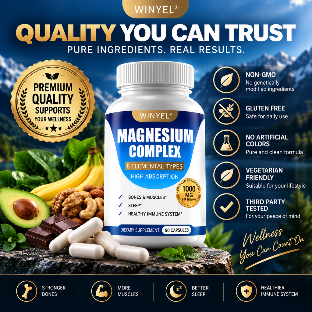 MAGNESIUM COMPLEX Wellness Capsules With Malate & Glycinate And 8 ELEMENTAL MAGNESIUM, Supports Health 90 Capsules, Dietary Supplement.