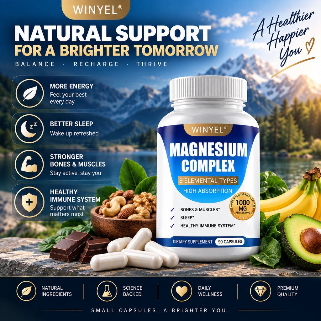 MAGNESIUM COMPLEX Wellness Capsules With Malate & Glycinate And 8 ELEMENTAL MAGNESIUM, Supports Health 90 Capsules, Dietary Supplement.