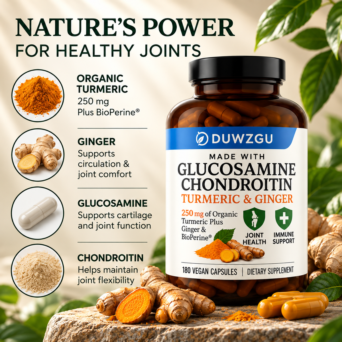 Glucosamine & Chondroitin Joint Support with Turmeric & Ginger – 180 Vegan Capsules