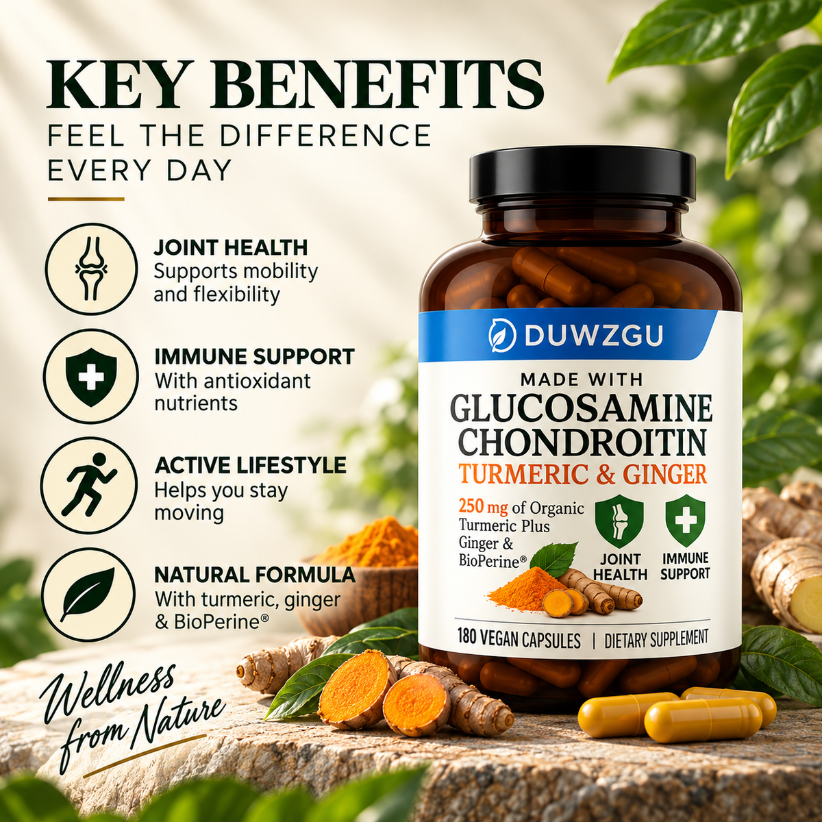 Glucosamine & Chondroitin Joint Support with Turmeric & Ginger – 180 Vegan Capsules