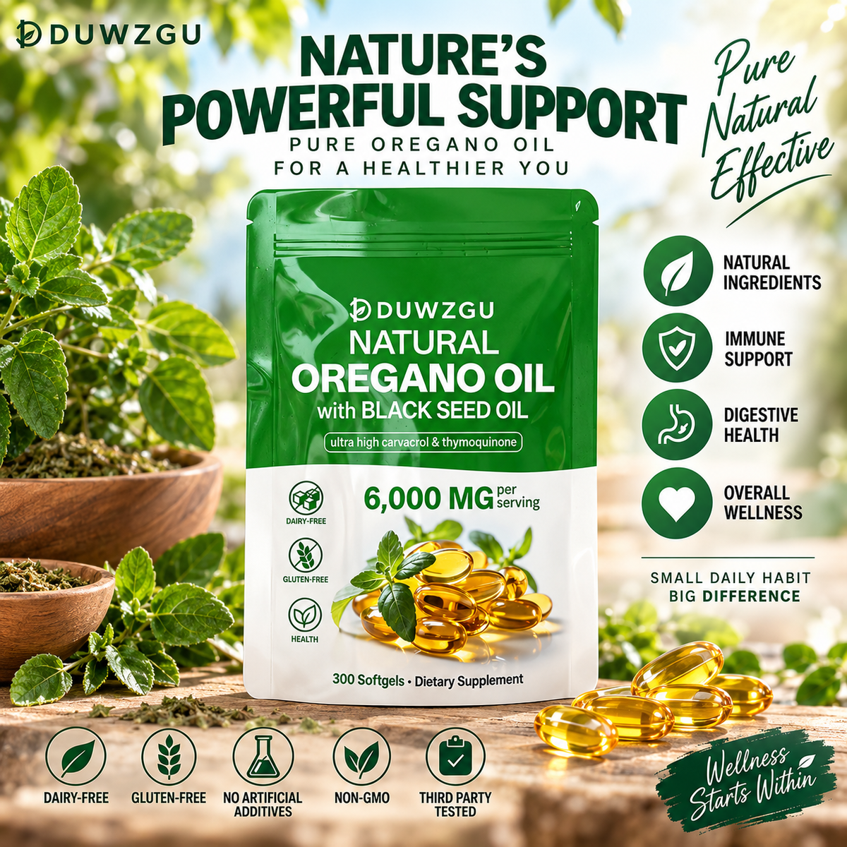 Oregano Oil Softgels With Black Seed Oil - 6000mg, High Carvacrol & Thymoquinone, Natural Immune Support Supplement, Dairy & Gluten Free