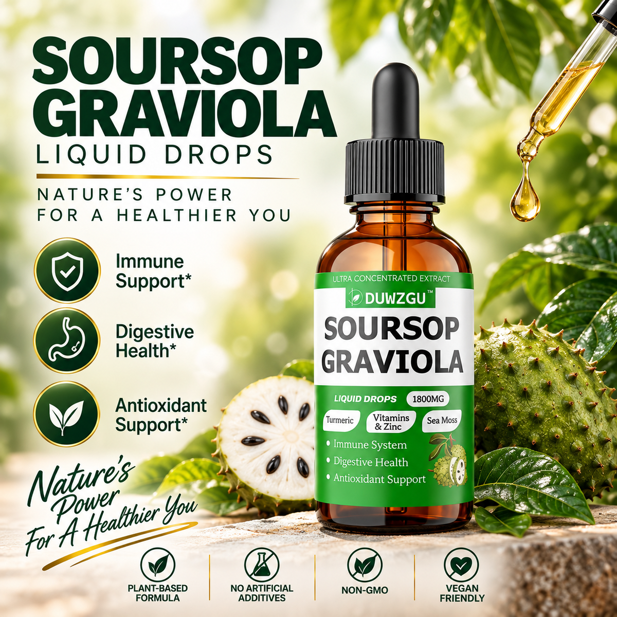 Soursop Graviola Liquid Drops with Sea Moss, Turmeric, Vitamins & Zinc – 1800mg