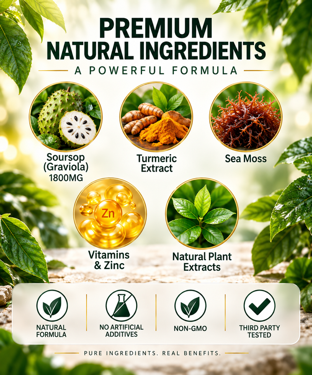 Soursop Graviola Liquid Drops with Sea Moss, Turmeric, Vitamins & Zinc – 1800mg