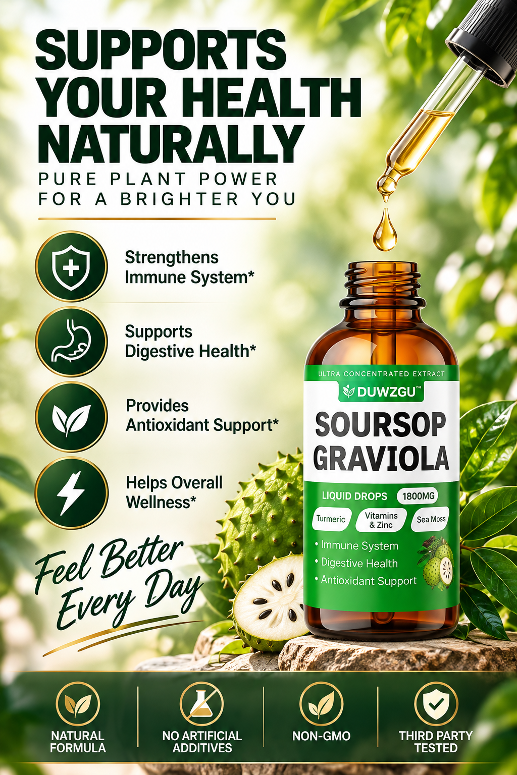 Soursop Graviola Liquid Drops with Sea Moss, Turmeric, Vitamins & Zinc – 1800mg