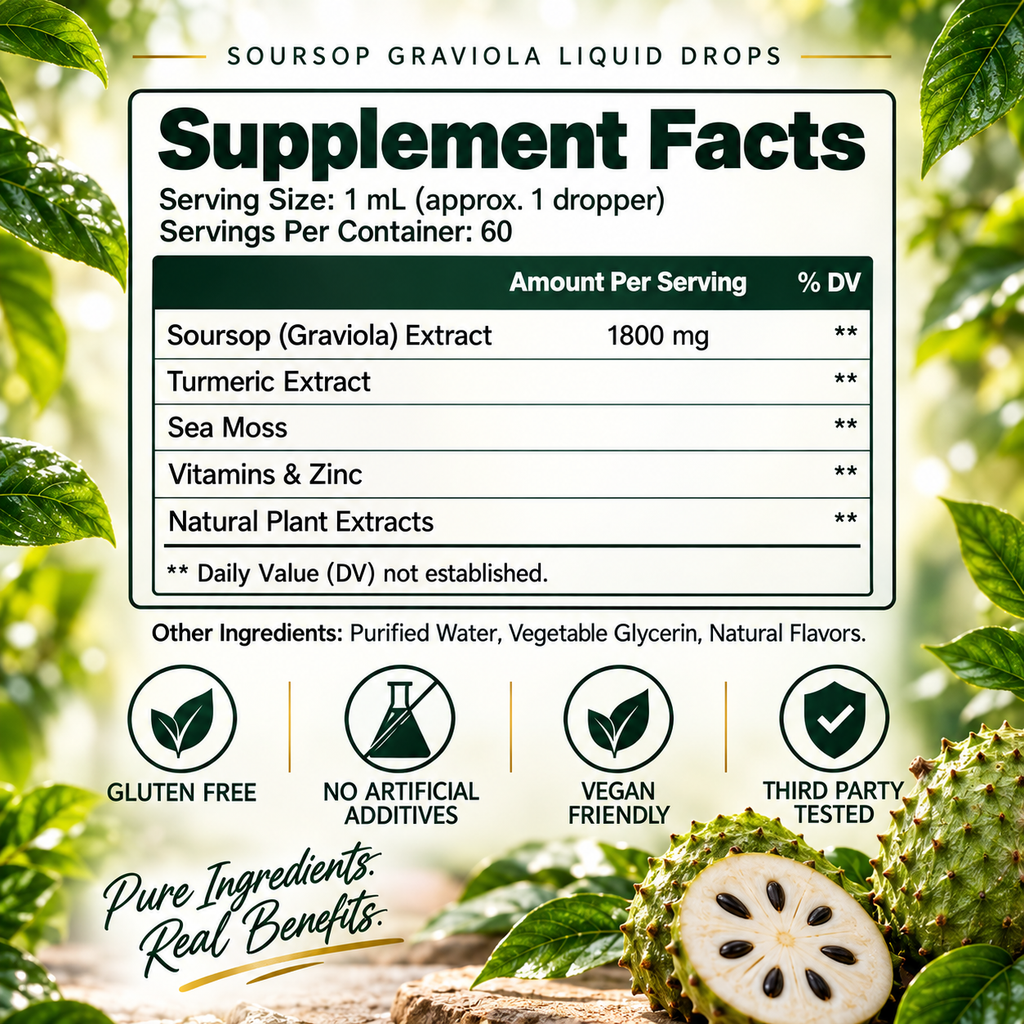 Soursop Graviola Liquid Drops with Sea Moss, Turmeric, Vitamins & Zinc – 1800mg