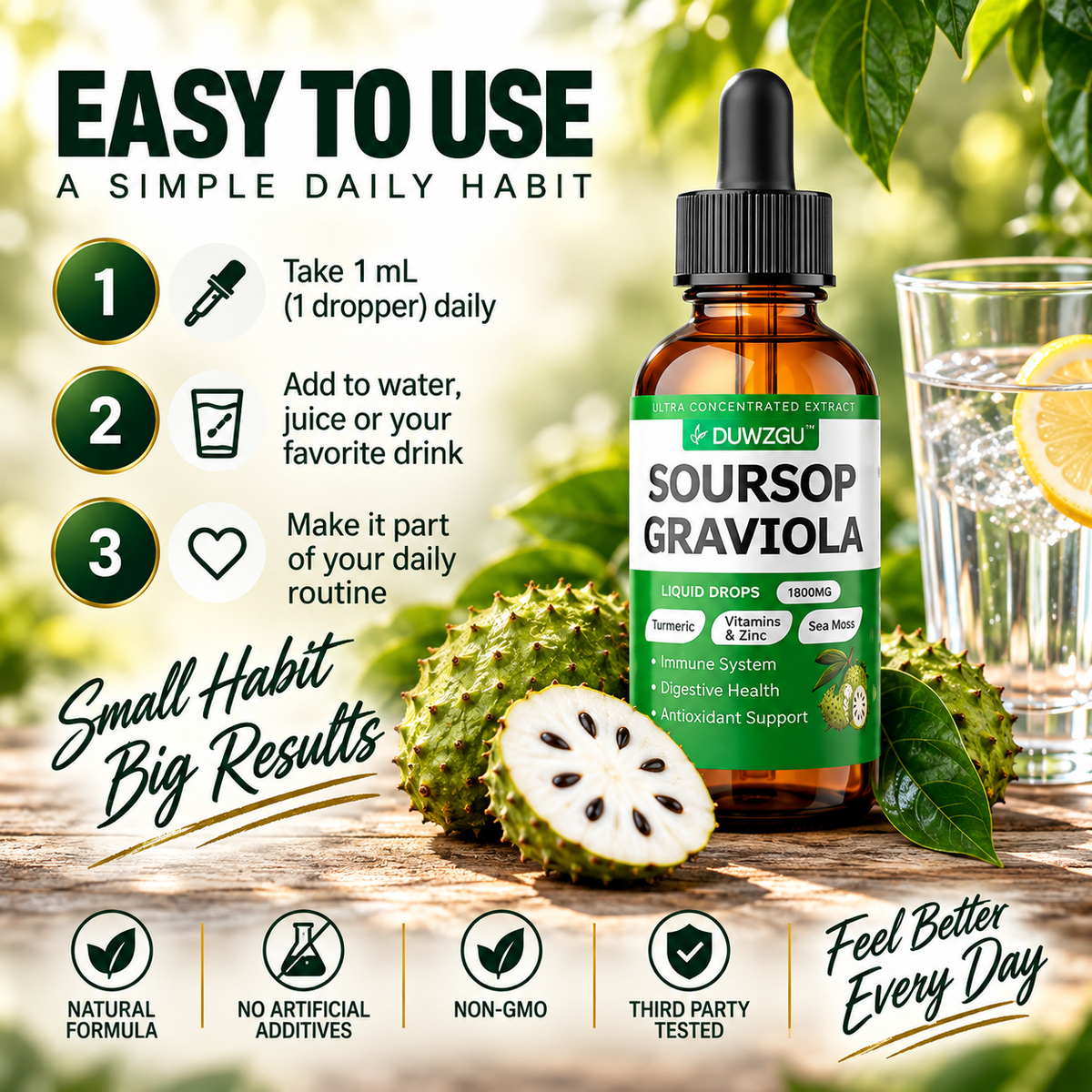 Soursop Graviola Liquid Drops with Sea Moss, Turmeric, Vitamins & Zinc – 1800mg