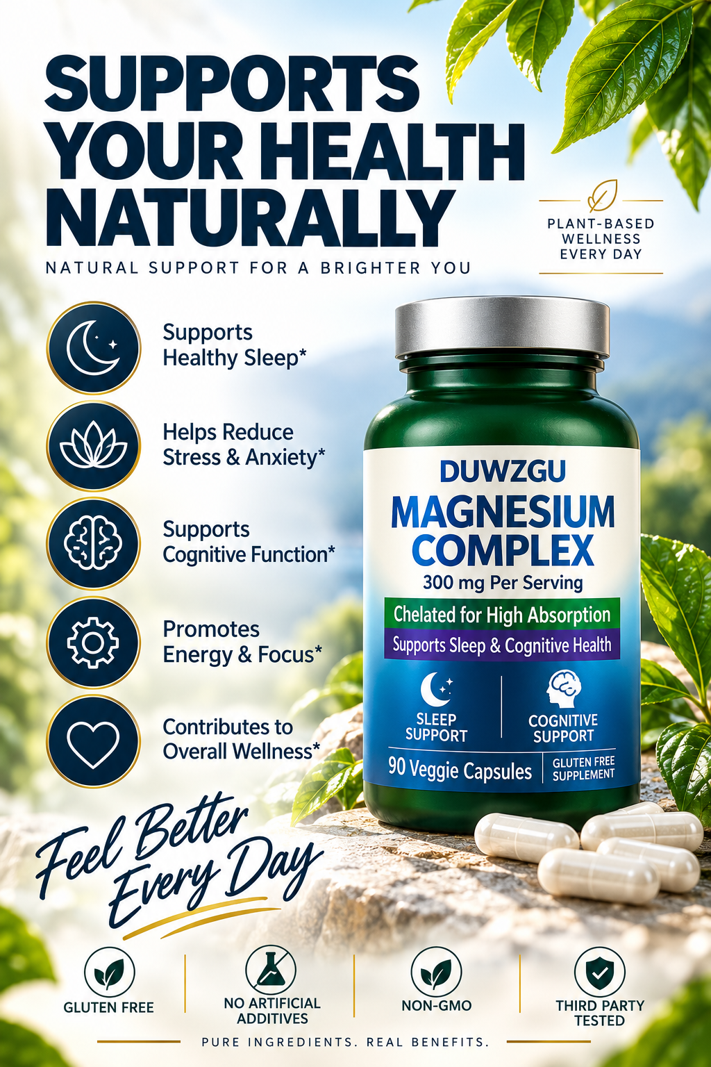 Magnesium Complex with Glycinate, Malate & L-Theanine – 300mg – 90 Veggie Capsules
