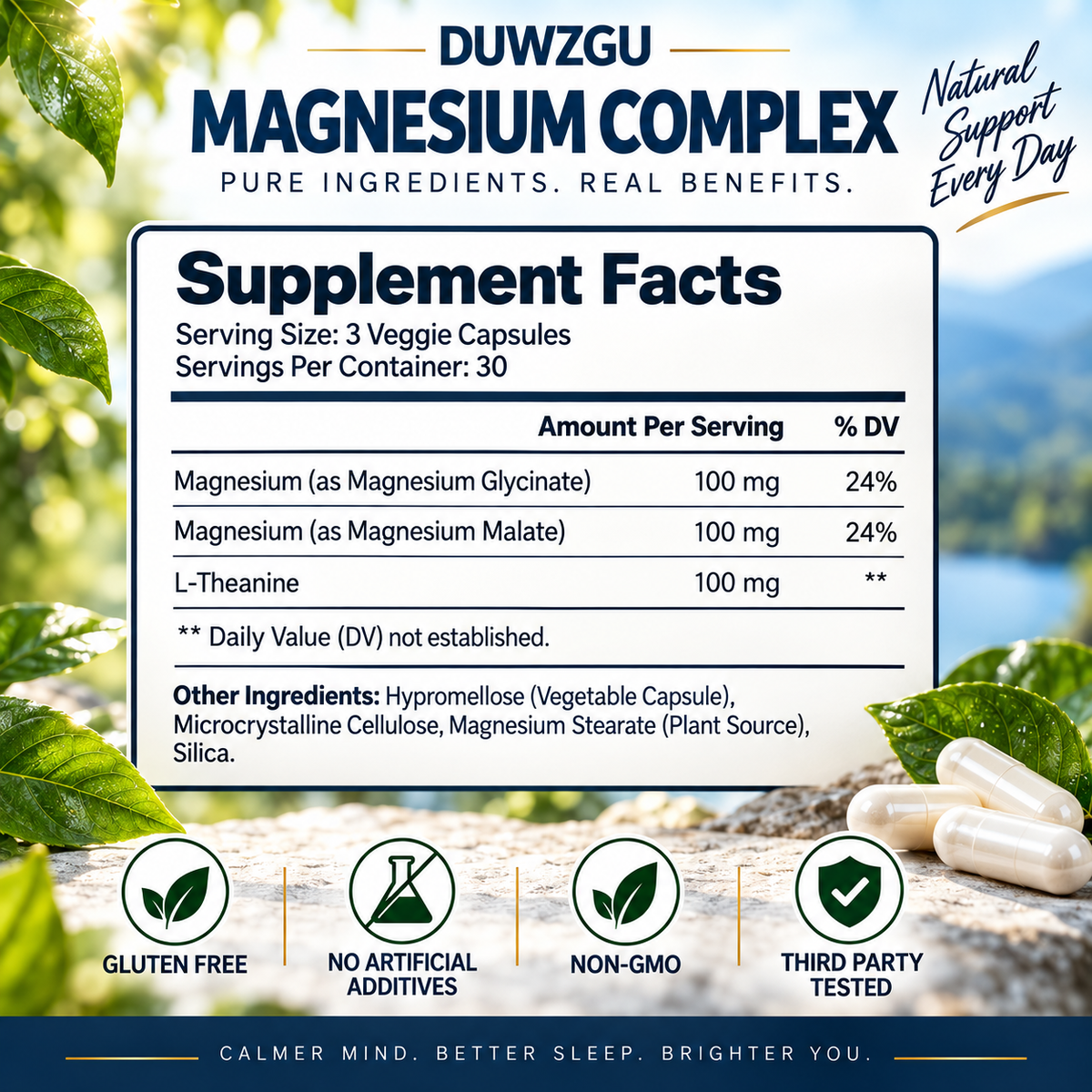 Magnesium Complex with Glycinate, Malate & L-Theanine – 300mg – 90 Veggie Capsules