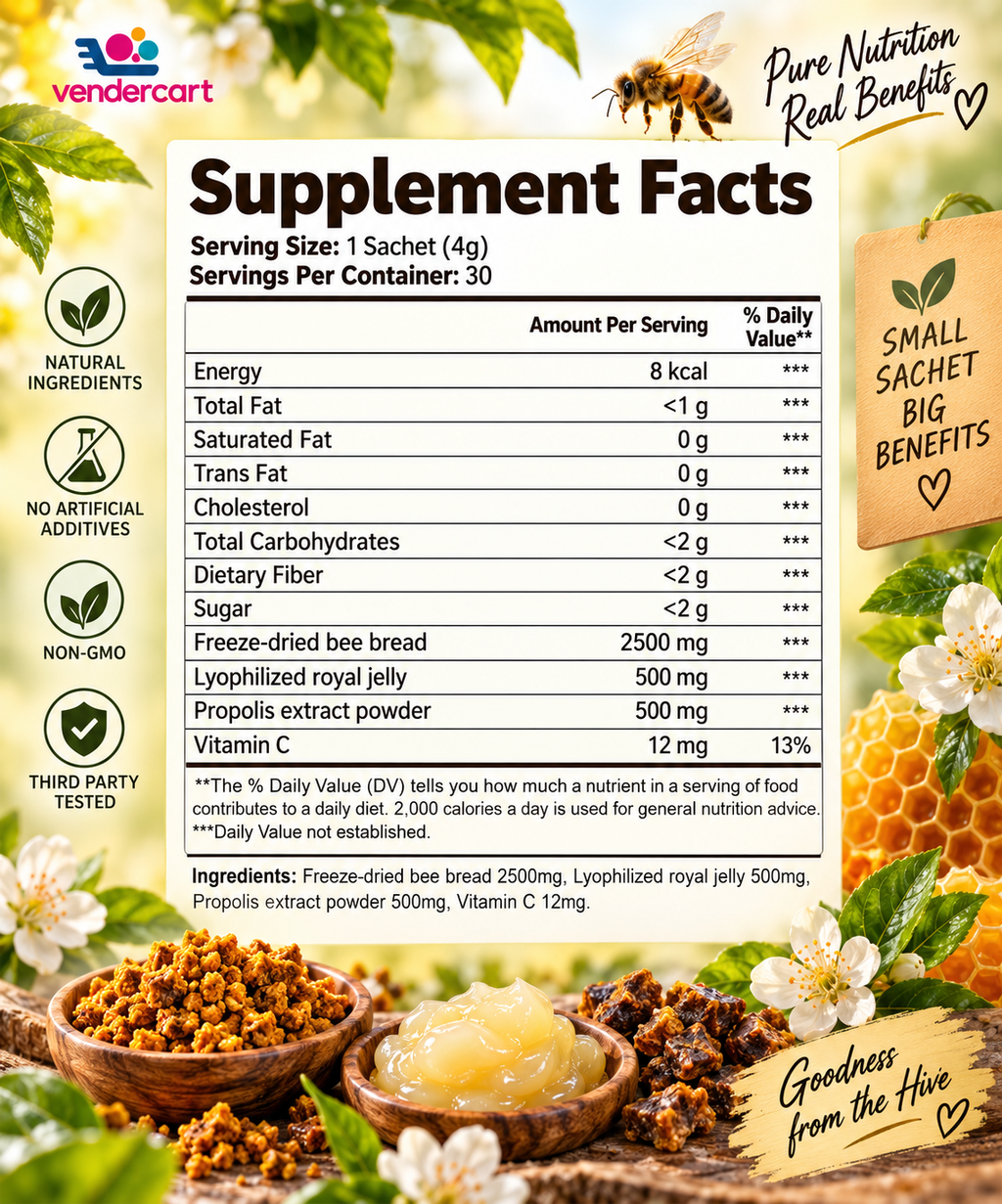 Bee Pearl Powder Energy, Immunity, And Skin Support With Bee Bread, Propolis, Royal Jelly And Vitamin C  30 Sachets