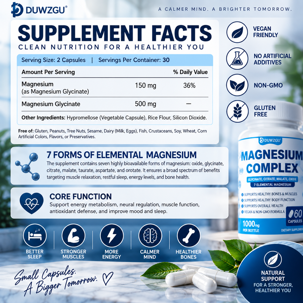 Magnesium Complex Supplement With Glycinate Citrate, Malate Oxide, Supports Bone, Muscle Digestive Health, Vegan Non-GMO, 60 Capsules